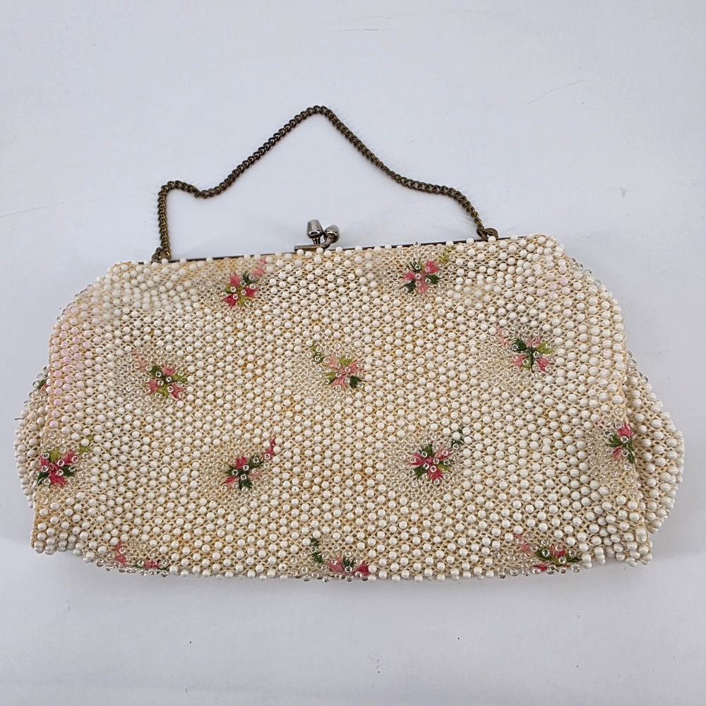 Vintage Corde Bead White Faux Pearl Floral Beaded Clutch Evening Bag Made in USA